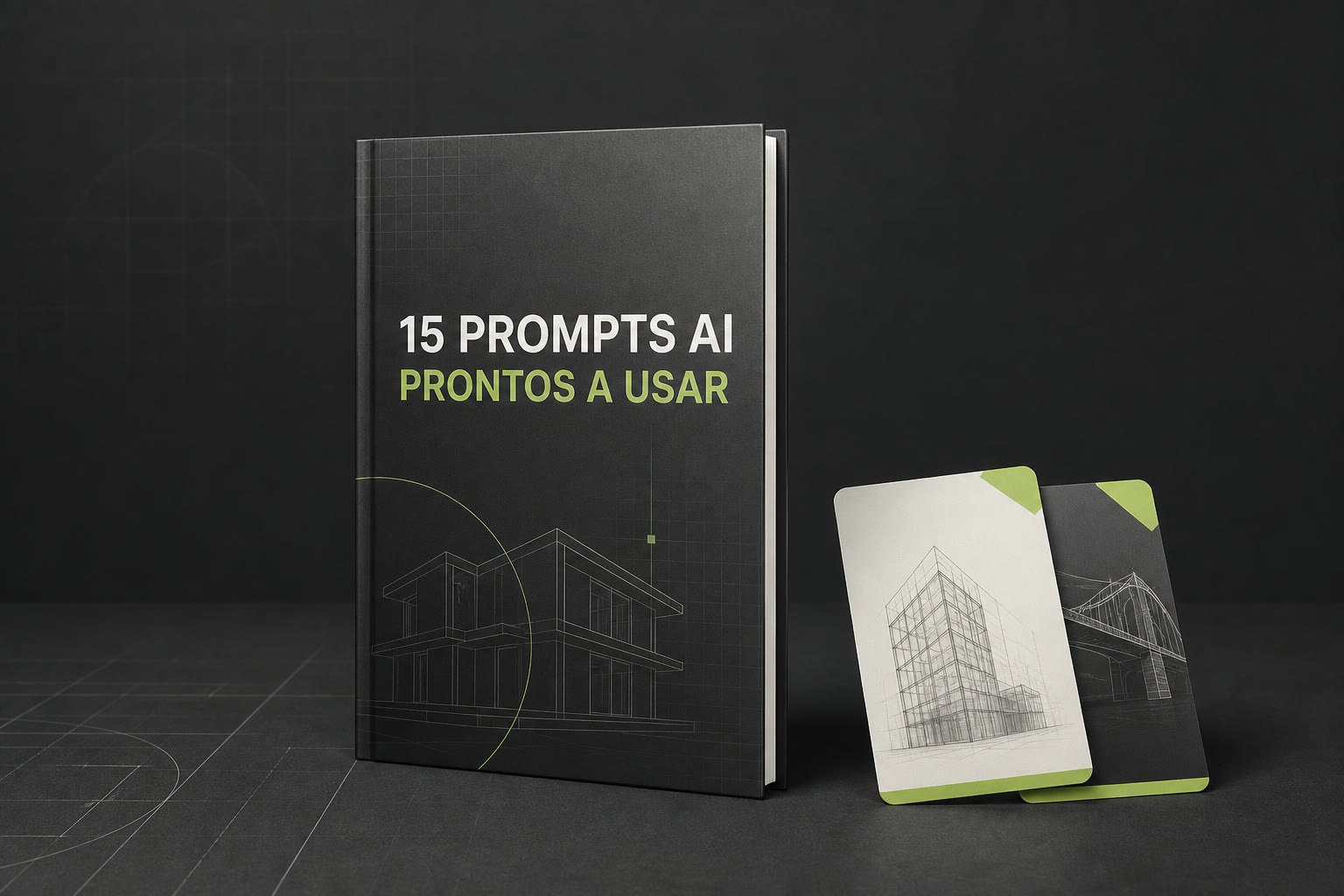 Mockup do guia 15 Prompts AI prontos a usar, acompanhado por cartões com desenhos de arquitetura